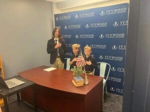 Ivywood Classical Academy students recite the Preamble of the Constitution for their first edition of the in-school news broadcast program "Eagle 1 News".