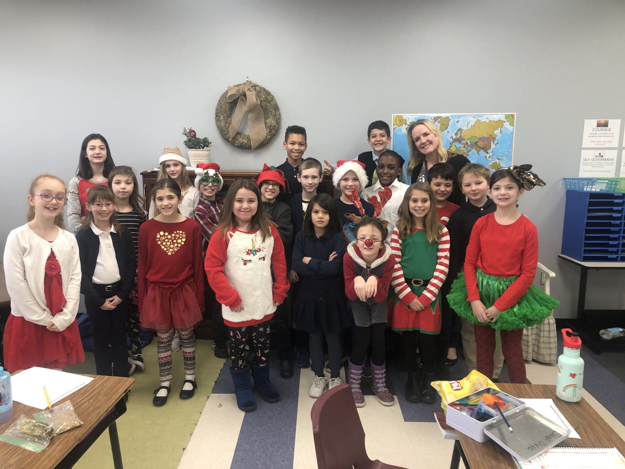 Class wearing red and green for the holidays